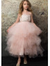 Beaded Blush Pink Lace Tulle Layered Flower Girl Dress